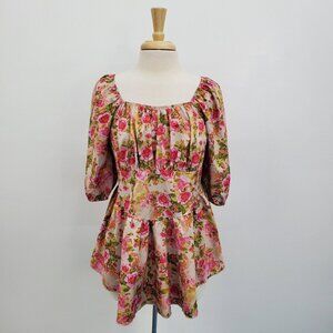 SHEIN Womens Floral Print Bust Babydoll‎ Top Size 1XL Puff Sleeves Pink Green